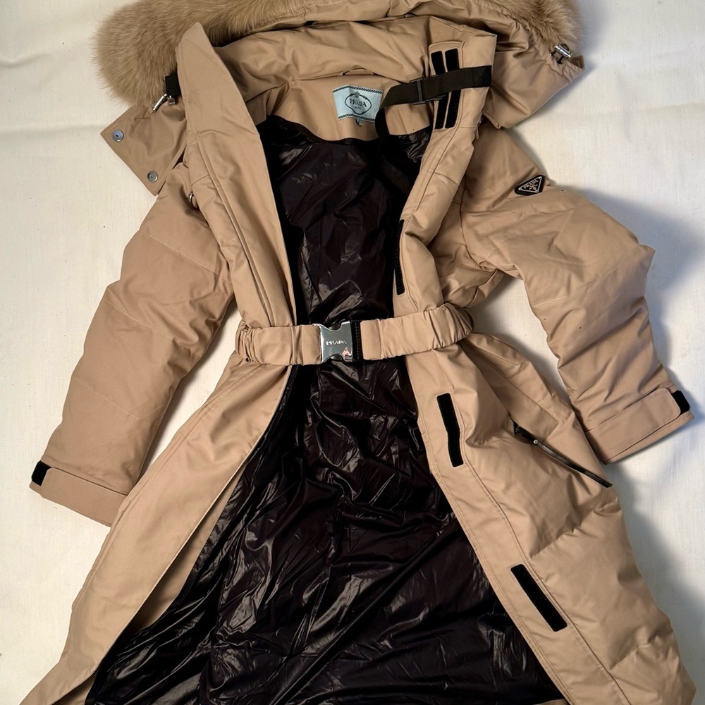 Prada down filled puffer long with fur trim in camel color with belt